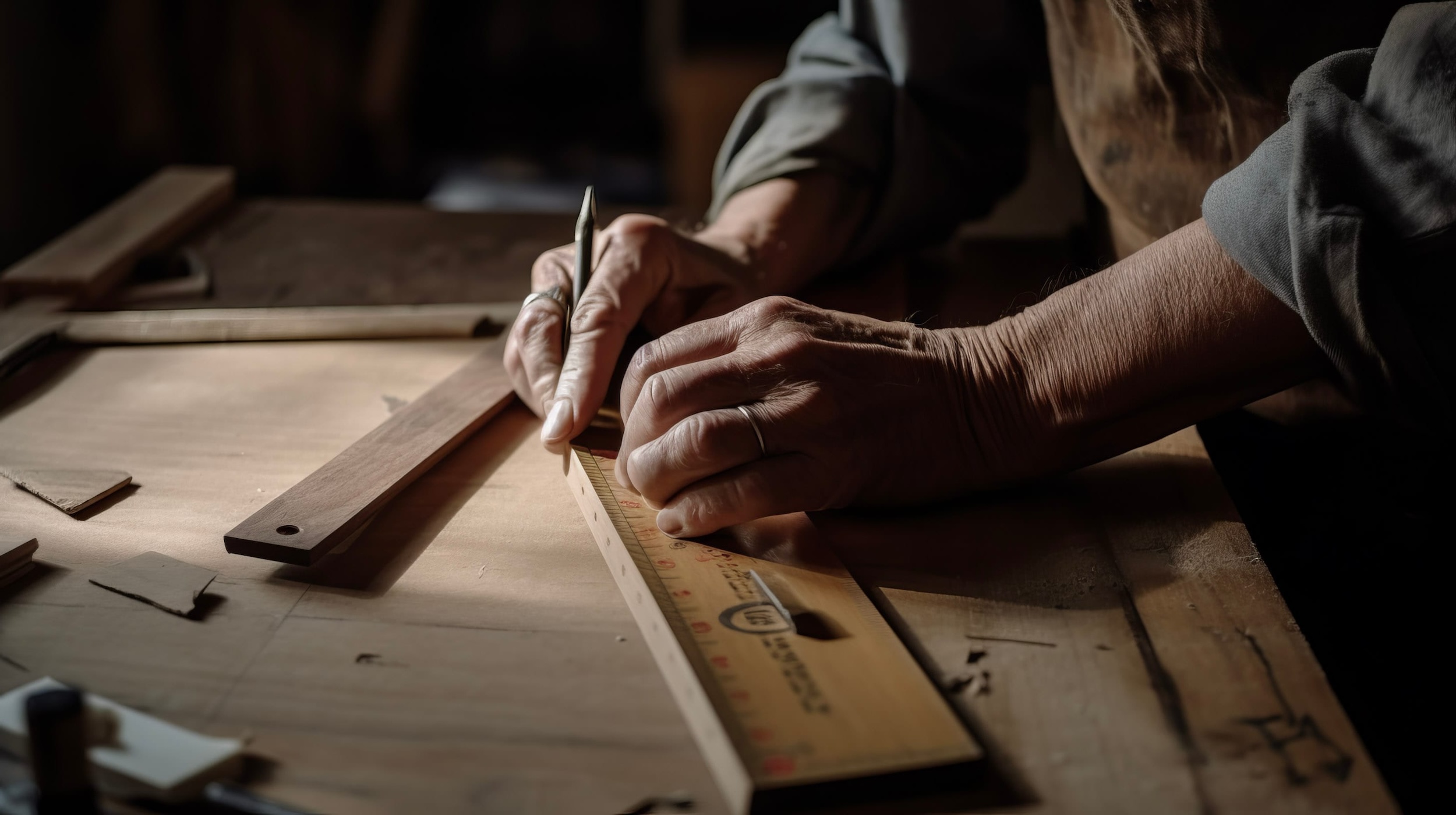 Un homme en train de tracer une ligne droite sur un meuble en bois