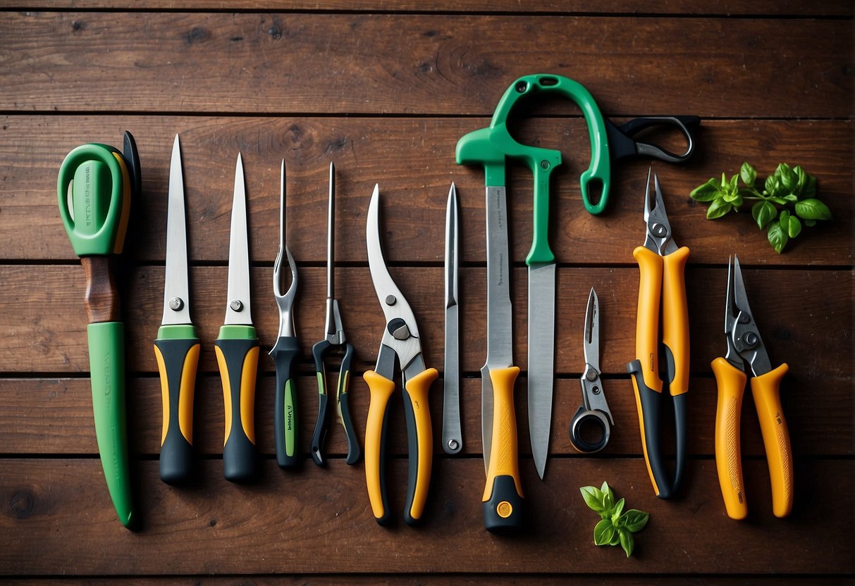 Une sélection d'outils pour le jardinage, posés sur une table en bois