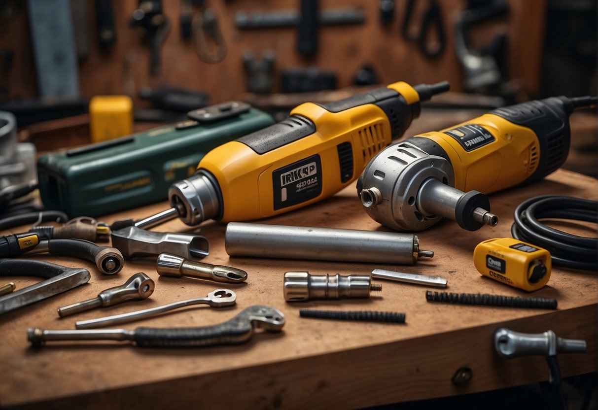 Des outils électriques posés sur un table en bois